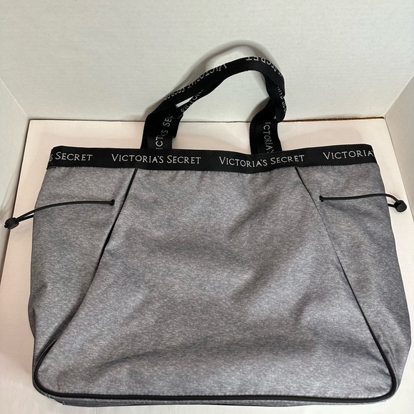 Victoria Secret Grey Cinch Sides Tote Yoga Zip Top Gym Bag Logo Double Strap - Picture 1 of 3